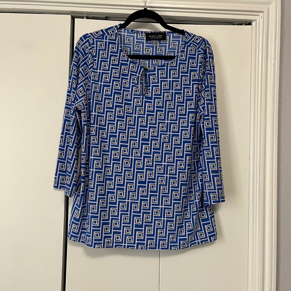 Black Label Evan-Picone Tunic Top Geometric Print‎ Keyhole Blouse L